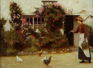 Young girl with a hoe outside a cottage by Ralph Todd
