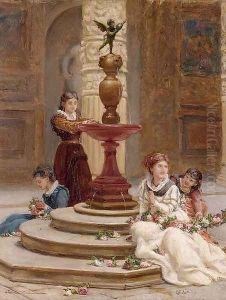 Girls making flower garlands beside a fountain