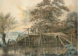 A milkmaid crossing a bridge by William Taverner