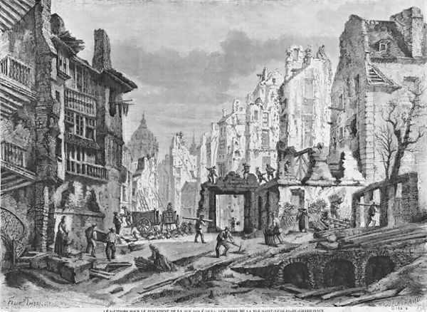 Paris, demolitions for the building of Rue des Ecoles, view taken from rue Saint-Nicolas du Chardonnet, engraved by Charles Maurand 19th century - view 1