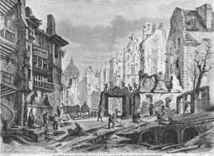 Paris, demolitions for the building of Rue des Ecoles, view taken from rue Saint-Nicolas du Chardonnet, engraved by Charles Maurand 19th century by Felix Thorigny