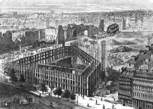 Transformation of Paris- Building in 1861, between the streets Neuve-des-Mathurins, Chaussee-dAntin and boulevard des Capucines, location for the new Opera and building of the Hotel de la Paix, engraved by Predhomme fl.1840 by Felix Thorigny