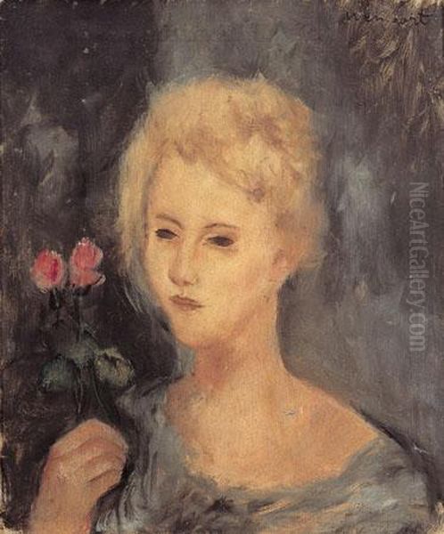 Woman Holding Two Roses - view 1