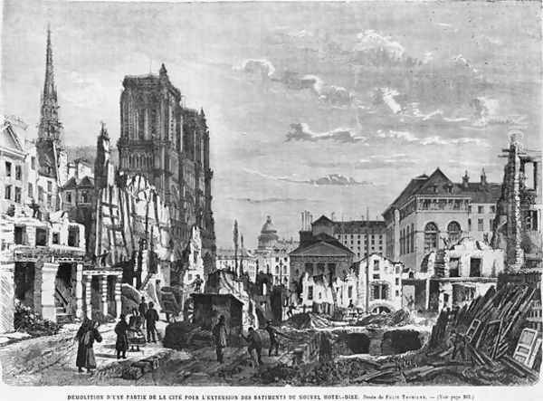 Paris, demolition of a part of the Cite to extend the buildings of the new Hotel-Dieu, engraved by Charles Barbant d.1922 - view 1