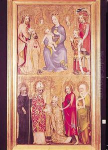 Votive panel of Archbishop Jan Ocko of Vlasim depicting Top The Virgin and Child surrounded by St. Sigismund, Emperor Charles IV 1316-78 Wenceslas IV 1361-1419 and St. Wenceslas 907-29. Bottom Jan Ocko of Vlasim, Archbishop of Prague kneeling by of Prague Theodoricus