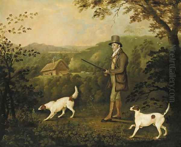 A gentleman out pheasant shooting with two pointers - view 1
