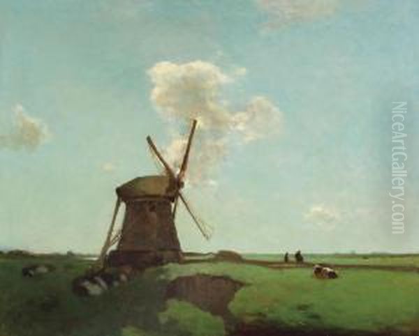 Workers Near A Wind Mill In A Dutch Polder Landscape - view 1