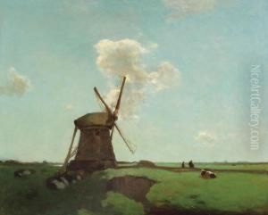 Workers Near A Wind Mill In A Dutch Polder Landscape