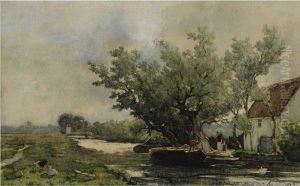 Peasants Near A Farmhouse In A Polder Landscape by Jan Hendrik Weissenbruch