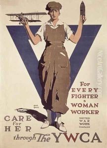 For Every Fighter a Woman Worker, 1st World War YWCA propaganda poster by Adolph Treidler