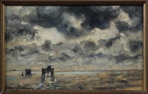 Horses And Carts On A Stormy Shoreline by Jan Hendrik Weissenbruch