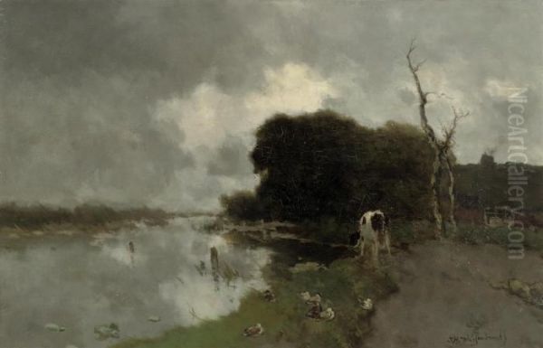 Koe Aan Het Water: Animals By A Stream, Noorden - view 1