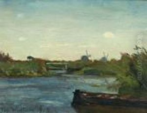 Polder Met Roeiboot In De Rietkraag En Molens Aan De Horizon