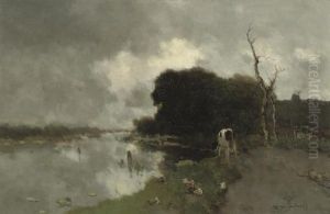 Koe Aan Het Water: Animals By A Stream, A Farmhouse Amongst Trees Beyond, Noorden by Jan Hendrik Weissenbruch