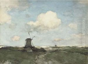 A Windmill In A Polder Landscape by Jan Hendrik Weissenbruch