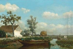 A Polder Landscape With A Figure On A Barge by Jan Hendrik Weissenbruch