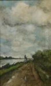 Polder Landscape With Figure Riding A Horse On A Dirtroad