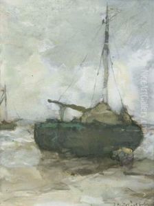 Bomschuit At Low Tide On The Beach by Jan Hendrik Weissenbruch