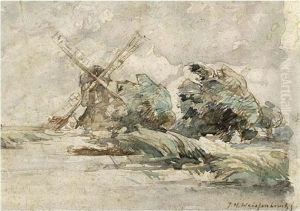 Windmill In A Windy Polder Landscape by Jan Hendrik Weissenbruch