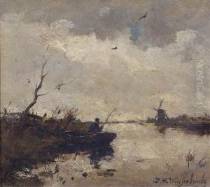 A Fisherman In A Polder Landscape by Jan Hendrik Weissenbruch
