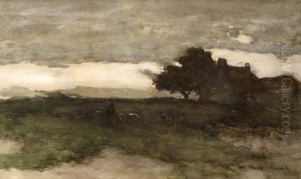 Shepherd With Flock In A Polder Landscape - view 1