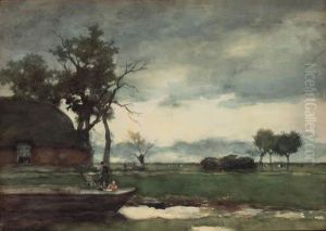 A Farmhouse In A Polder Landscape, A Peasant Unloading A Barge In The Foreground
