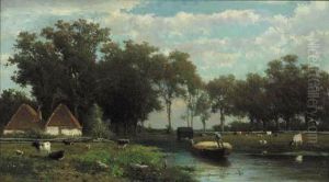 A Haybarge In A Wooded Summer Landscape by Jan Hendrik Weissenbruch