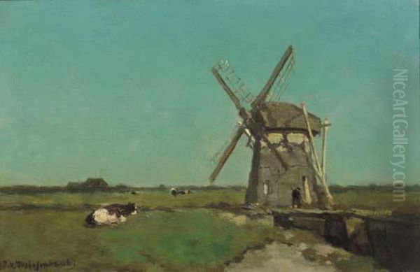 A Polder Landscape With A Windmill, Near Schiedam by Jan Hendrik Weissenbruch