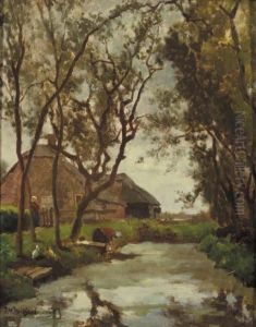 Washerwomen By A Brook Near A Farmstead