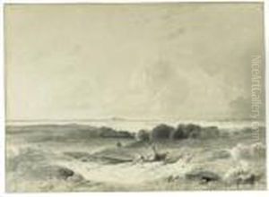 A Traveller And His Dog Resting On A Rise In A Panoramic Landscape,a River Beyond