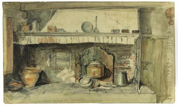 A Fireplace With A Kettle And Pans In A Kitchen - view 1