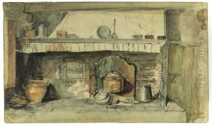 A Fireplace With A Kettle And Pans In A Kitchen