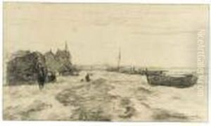 Vessels On A Beach, A Village Nearby by Jan Hendrik Weissenbruch
