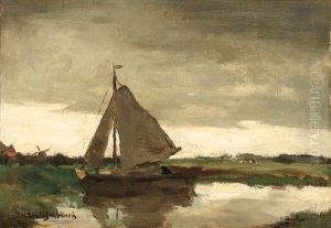 Sailboat On A Canal by Jan Hendrik Weissenbruch