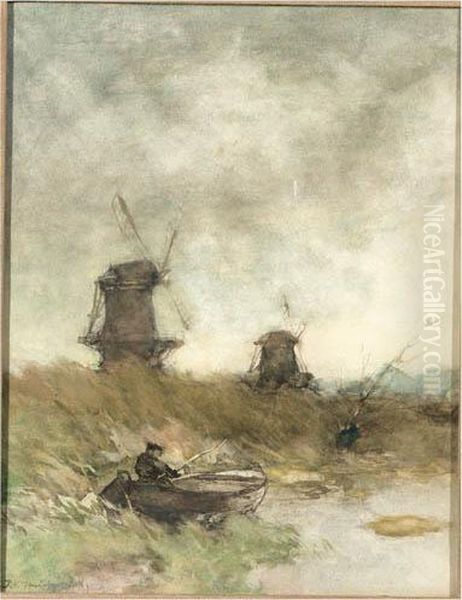 An Angler In A Polderlandscape With Windmills Beyond - view 1