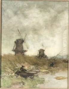 An Angler In A Polderlandscape With Windmills Beyond An Angler In A Polderlandscape With Windmills Beyond