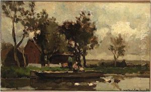 A River Landscape With Peasants Unloading A Flat A River Landscape With Peasants Unloading A Flat