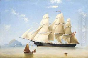 A Danish full-rigged ship heaving-to off an island by Frederick Tudgay