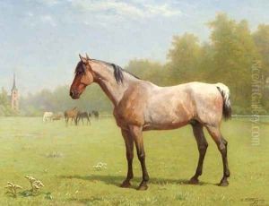 Horses in a meadow, the church of Brasschaat beyond by Charles Philogene Tschaggeny