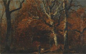 Hunter With His Dog In The Woods; Campsite In Aclearing by Joseph Wenglein