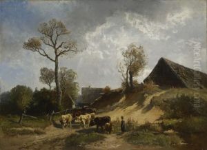 Hirtin Mit Rindern Vor Dem Dorf
