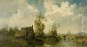 Landschaft Mit Kuhen Am Wasser.