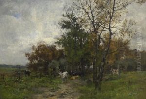 Baumlandschaft Mit Weidenden Kuhen.