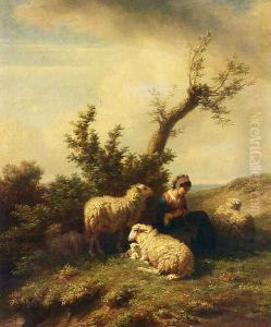 A Shepherdess And Her Flock by Edmond Jean Baptiste Tschaggeny