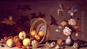 Apples cherries grapes plums and a vase of flowers by Edmond Jean Baptiste Tschaggeny