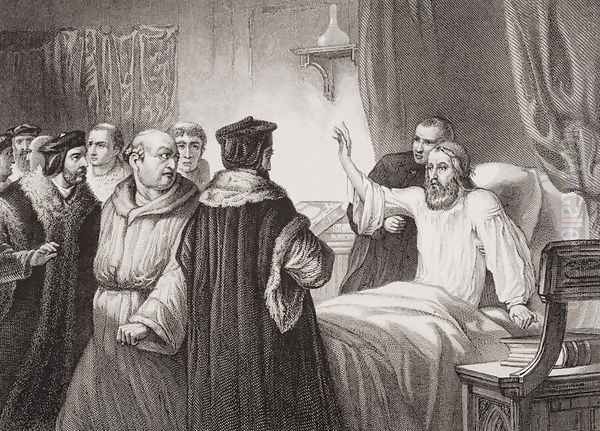 John Wycliffe c.1330-84 on his sickbed assailed by the friars at Oxford, 1378, from Illustrations of English and Scottish History Volume I - view 1