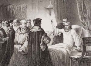 John Wycliffe c.1330-84 on his sickbed assailed by the friars at Oxford, 1378, from Illustrations of English and Scottish History Volume I by George Housman Thomas