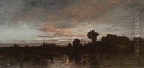 Uferlandschaft Mit Windmuhlen In
Der Abenddammerung. - view 1