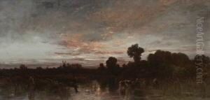 Uferlandschaft Mit Windmuhlen In
Der Abenddammerung. by Joseph Wenglein