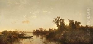 Uferlandschaft Mit Bauernhausern
In Der Abenddammerung. by Joseph Wenglein